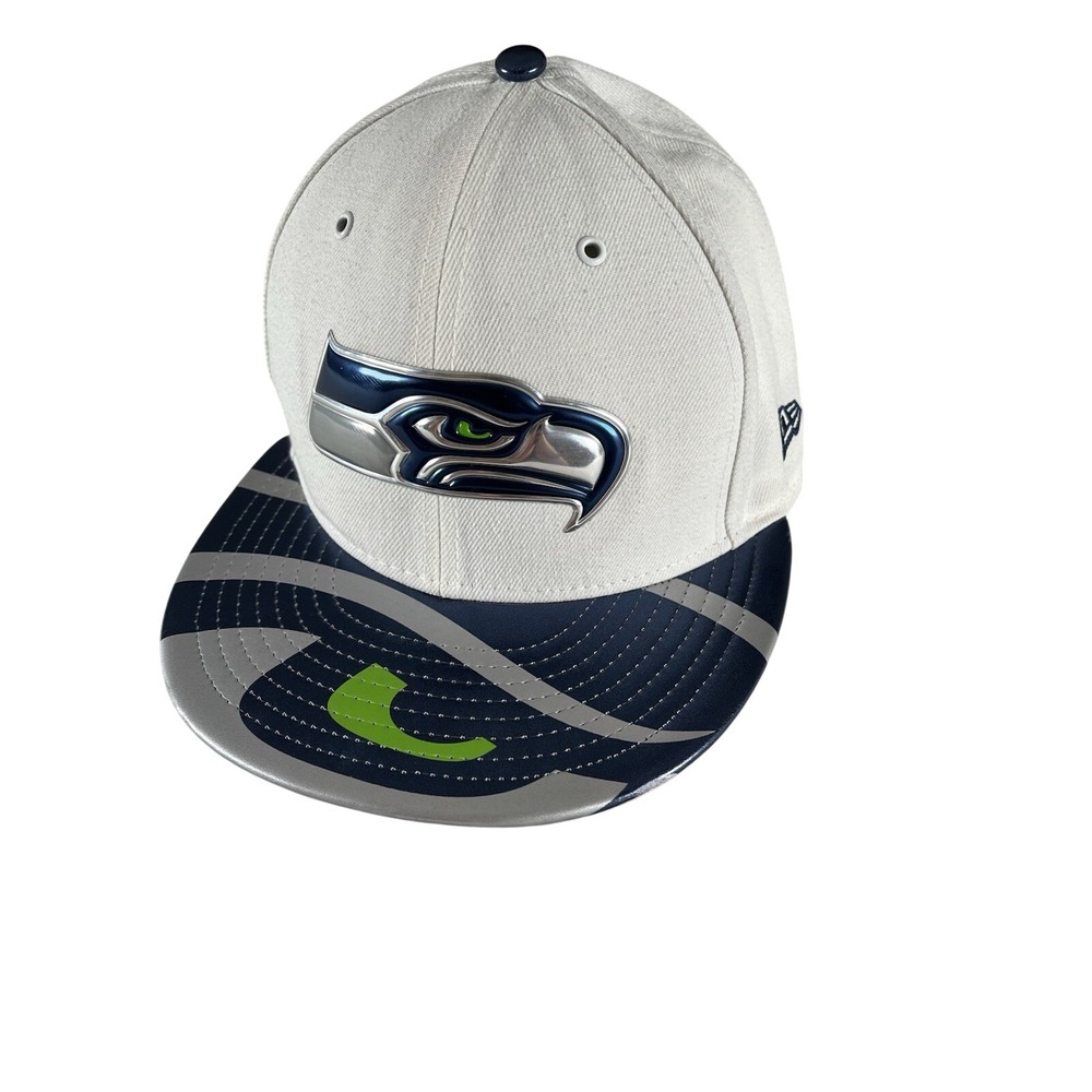 RARE New Era 59Fifty Seattle Seahawks NFL White Fitted Hat Super Bowl NFL Draft